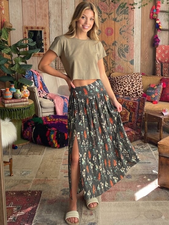 NATURAL LIFE Dresses & Skirts - Natural Life Dark Gray Floral Bohemian Maxi Skirt with Smocked Waist Side Split